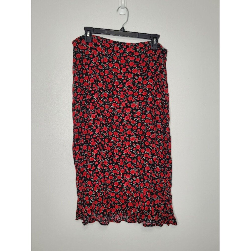 Y2k Christopher and Banks red black ditsy floral romantic midi skirt size 12